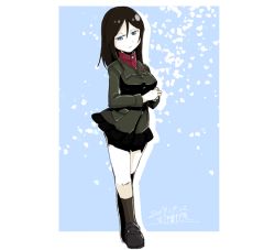 Rule 34 | 1girl, artist name, bad id, bad pixiv id, black footwear, black hair, black skirt, black socks, blue background, blue eyes, closed mouth, commentary, dated, full body, girls und panzer, green jacket, half-closed eyes, insignia, jacket, light frown, loafers, long hair, long sleeves, looking at viewer, miniskirt, nonna (girls und panzer), outline, outside border, own hands together, pleated skirt, pravda school uniform, red shirt, school uniform, shirt, shoes, signature, skirt, snow, socks, solo, standing, swept bangs, tsukasa-emon, turtleneck, white outline