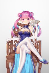 Rule 34 | 1girl, ahoge, alternate costume, bare shoulders, blue dress, blue footwear, blue hair, breasts, chair, china dress, chinese clothes, cleavage, cleavage cutout, clothing cutout, colored inner hair, crossed legs, double bun, dress, elbow gloves, folding fan, gloves, gradient background, hair bun, hair ornament, hand fan, hand up, highres, hokori sakuni, holding, holding fan, hololive, long hair, looking at viewer, medium breasts, minato aqua, multicolored hair, pink eyes, pink hair, shoes, sitting, sleeveless, sleeveless dress, solo, thighhighs, twintails, two-tone hair, virtual youtuber, white background, white gloves, white thighhighs