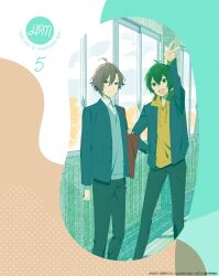 Rule 34 | 2boys, :d, arm at side, arm up, artist request, bag, blue jacket, blue pants, closed mouth, collared shirt, drawstring, feet out of frame, green eyes, green hair, grey sweater, highres, hood, hood down, hoodie, hori-san to miyamura-kun, iura shuu, jacket, lapels, long sleeves, looking at viewer, male focus, multiple boys, notched lapels, official art, open clothes, open collar, open jacket, open mouth, pants, shirt, short hair, shoulder bag, smile, sweater, v, window, yanagi akane