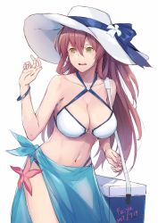 Rule 34 | 1girl, absurdres, artist name, artist request, bikini, breasts, brown hair, cleavage, cooler, criss-cross halter, dated, girls&#039; frontline, green eyes, hair between eyes, halterneck, hat, hat ribbon, highres, large breasts, long hair, navel, o-ring, o-ring bikini, o-ring top, official alternate costume, open mouth, ribbon, sarong, simple background, solo, springfield (girls&#039; frontline), springfield (stirring mermaid) (girls&#039; frontline), sun hat, swimsuit, white background, white bikini, wristband