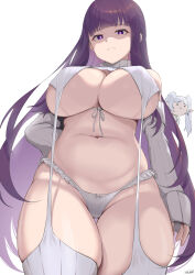 Rule 34 | 2girls, absurdres, arm at side, blunt bangs, bow, bow panties, breasts, chibi, cleavage, closed mouth, covered erect nipples, cowboy shot, curvy, detached sleeves, fern (sousou no frieren), frieren, frilled panties, frills, from below, frown, garter straps, groin, highres, huge breasts, large breasts, long hair, long sleeves, looking at viewer, meme attire, multiple girls, navel, panties, purple eyes, purple hair, purple pupils, revealing clothes, ribbed sweater, ribbed thighhighs, shinkai toro, simple background, skindentation, solo focus, sousou no frieren, stomach, strap gap, sweater, thick thighs, thigh gap, thighhighs, thighs, turtleneck, turtleneck sweater, underboob, underwear, very long hair, virgin destroyer sweater, white background, white panties, white sweater, white thighhighs