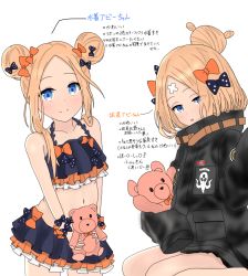 Rule 34 | 1girl, :o, abigail williams (emerald float) (fate), abigail williams (fate), abigail williams (traveling outfit) (fate), atsumisu, bad id, bad pixiv id, bare arms, bare shoulders, bikini, black bikini, black bow, black jacket, blonde hair, blue eyes, blush, bow, closed mouth, collarbone, commentary request, cowboy shot, crossed bandaids, double bun, emerald float, eyes visible through hair, fate/grand order, fate (series), forehead, hair bow, hair bun, heroic spirit traveling outfit, highres, holding, holding stuffed toy, jacket, long hair, long sleeves, multiple hair bows, multiple views, navel, hugging object, official alternate costume, orange bow, parted bangs, parted lips, polka dot, polka dot bow, sidelocks, simple background, single hair bun, sleeves past fingers, sleeves past wrists, smile, standing, stuffed animal, stuffed toy, swimsuit, teddy bear, translation request, white background