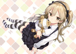 Rule 34 | 10s, 1girl, black footwear, black skirt, boko (girls und panzer), brown eyes, casual, collared shirt, from above, girls und panzer, hair ribbon, highres, hugging object, knees together feet apart, layered skirt, light brown hair, light smile, long hair, long sleeves, looking at viewer, mary janes, no shoes, one side up, oneko, ribbon, shimada arisu, shirt, shoes, side ponytail, skirt, smile, solo, striped clothes, striped thighhighs, stuffed animal, stuffed toy, suspender skirt, suspenders, teddy bear, thighhighs, white shirt