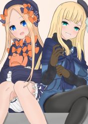 Rule 34 | 2girls, :d, abigail williams (fate), atsumisu, bad id, bad pixiv id, beret, black bow, black dress, black headwear, black legwear, blonde hair, bloomers, blue dress, blue eyes, blunt bangs, blush, bow, brown background, brown gloves, bug, butterfly, commentary request, crossed legs, dress, fate/grand order, fate (series), fur-trimmed sleeves, fur trim, gloves, green eyes, grin, hair bow, half-closed eyes, hat, insect, long hair, long sleeves, looking at viewer, lord el-melloi ii case files, multiple girls, multiple hair bows, hugging object, open mouth, orange bow, pantyhose, parted bangs, polka dot, polka dot bow, reines el-melloi archisorte, sitting, sleeves past fingers, sleeves past wrists, smile, stuffed animal, stuffed toy, teddy bear, tilted headwear, underwear, v-shaped eyebrows, very long hair, white bloomers