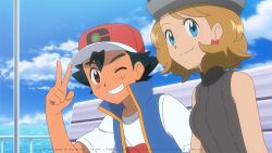 Rule 34 | 1boy, 1girl, ash ketchum, black hair, blonde hair, blue eyes, blue vest, brown eyes, closed mouth, cloud, commission, creatures (company), day, earrings, eyelashes, game freak, grey headwear, grin, hand up, hat, jewelry, mixed-language commentary, nintendo, noelia ponce, outdoors, pokemon, pokemon (anime), pokemon journeys, pokemon swsh105, red headwear, serena (pokemon), shirt, short hair, short sleeves, sky, smile, split mouth, sweater vest, t-shirt, teeth, v, vest, white shirt