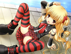 Rule 34 | 1girl, blonde hair, boots, bracelet, chain, checkered clothes, checkered panties, cross, detached sleeves, fishnets, game cg, goth fashion, jewelry, karen (triptych), latin cross, long hair, multicolored clothes, multicolored legwear, nimura yuuji, panties, pantyshot, plaid, plaid panties, red eyes, red panties, saiga (company), sitting, skirt, solo, striped clothes, striped thighhighs, thighhighs, triptych, twintails, underwear
