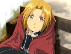 Rule 34 | 1boy, belt, black shirt, blonde hair, braid, close-up, coat, edward elric, expressionless, fullmetal alchemist, long hair, looking at viewer, looking up, male focus, mikumo sena, open mouth, pants, red coat, shirt, sitting, solo, yellow eyes