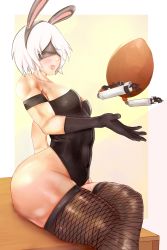 Rule 34 | 1girl, absurdres, animal ears, armband, bare shoulders, biceps, black blindfold, black gloves, blindfold, blush, border, breasts, commentary, covered abs, covered eyes, covered navel, crossed legs, desk, drone, easter, easter egg, egg, english commentary, fake animal ears, fishnet thighhighs, fishnets, gloves, hair over one eye, highleg, highleg leotard, highres, leotard, medium breasts, mole, mole under mouth, nier (series), nier:automata, on desk, playboy bunny, pod (nier:automata), rabbit ears, revision, see-through, see-through legwear, short hair, sitting, solo focus, strapless, strapless leotard, textless version, thick thighs, thighhighs, thighs, thong leotard, toned, white border, yoracrab, 2b (nier:automata)