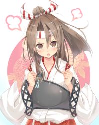 Rule 34 | 10s, 1girl, angry, blush, brown eyes, brown hair, collarbone, female focus, headband, highres, japanese clothes, kagerou (shadowmage), kantai collection, long hair, long sleeves, looking at viewer, muneate, open mouth, ponytail, solo, tears, traditional clothes, zuihou (kancolle)