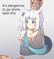 Rule 34 | 1girl, :&lt;, ahoge, animal ears, bag, barefoot, blue eyes, blue hair, blunt bangs, breasts, cat ears, closed mouth, commentary, completely nude, cube hair ornament, english commentary, english text, feet, fins, fish tail, gawr gura, grey background, hair ornament, highres, hololive, hololive english, hugging own legs, in bag, in container, light blush, medium hair, mini person, minigirl, multicolored hair, nude, photo-referenced, plastic bag, shark girl, shark tail, side ponytail, sidelocks, simple background, small breasts, solo focus, streaked hair, tail, toes, tofumang, virtual youtuber, white hair