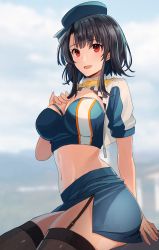 Rule 34 | 1girl, alternate costume, bandeau, beret, black hair, black thighhighs, blue bandeau, blue hat, blue skirt, blue sky, breasts, cleavage, cloud, garter straps, hair between eyes, hand on own chest, hat, highres, kantai collection, kasumi (skchkko), large breasts, looking at viewer, navel, open mouth, outdoors, pencil skirt, race queen, red eyes, short hair, short sleeves, sitting, skirt, sky, smile, solo, takao (kancolle), thighhighs