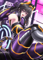 Rule 34 | 1girl, :3, black bodysuit, black gloves, black hair, bodysuit, breasts, building, cameltoe, detached sleeves, duel monster, fake tail, gloves, hair ornament, highres, i:p masquerena, large breasts, looking at viewer, medium hair, open mouth, purple eyes, purple sleeves, pussy, seshiro (which501), tail, tongue, yu-gi-oh!