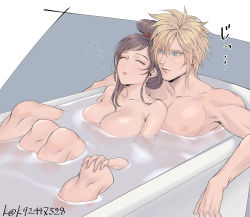 Rule 34 | 1boy, 1girl, artist name, bathtub, black hair, blonde hair, breasts, closed eyes, cloud strife, couple, final fantasy, final fantasy vii, green eyes, hair bun, hair up, large breasts, leaning on person, looking at another, mixed-sex bathing, mugikoma, nude, parted lips, partially submerged, same-sex bathing, shared bathing, single hair bun, spiked hair, tifa lockhart, water