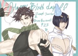 Rule 34 | 2boys, battle tendency, birthday, black hair, blue eyes, bob cut, brown hair, bruno bucciarati, character name, chest tattoo, cleavage cutout, clothing cutout, dated, fingerless gloves, gloves, grin, hair ornament, hairclip, happy birthday, hat, holding, holding clothes, holding hat, jojo no kimyou na bouken, joseph joestar, joseph joestar (young), male focus, multiple boys, party hat, scarf, smile, striped clothes, striped scarf, tattoo, unworn hat, unworn headwear, v, vento aureo, yepnean