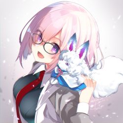 Rule 34 | 1girl, :d, blue-framed eyewear, blush, breasts, creature, creature on shoulder, eyelashes, eyes visible through hair, fate/grand order, fate (series), fou (fate), glowing, gradient background, grey background, grey jacket, hair over one eye, hand up, jacket, koruri, long sleeves, looking at viewer, mash kyrielight, medium breasts, necktie, on shoulder, open clothes, open jacket, open mouth, pink hair, purple eyes, red necktie, short hair, smile, solo, upper body, wing collar