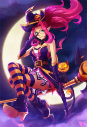 Rule 34 | 1girl, animal, artist name, bare shoulders, belt, bewitching janna, black thighhighs, broom, broom riding, brown belt, cat, crescent moon, dress, elbow gloves, full body, gloves, glowing, glowing eyes, hat, high heels, janna (league of legends), league of legends, long hair, moon, night, official alternate costume, orange thighhighs, outdoors, parted bangs, pointy ears, pumpkin, purple hair, red hair, round eyewear, shiny clothes, shoes, short dress, sitting, smile, striped clothes, striped thighhighs, thighhighs, vmat, white dress, witch hat