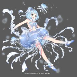 Rule 34 | 1girl, bare shoulders, blue eyes, blue hair, bow, breasts, cleavage, company name, full body, gloves, grey background, gyakushuu no fantasica, hat, jellyfish, jellyfish girl, midriff, millgua, navel, official art, open mouth, simple background, solo