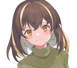 Rule 34 | 1girl, arknights, blonde hair, blush, brown hair, closed mouth, commentary request, earrings, green sweater, jewelry, looking at viewer, magallan (arknights), multicolored hair, portrait, short hair, simple background, smile, solo, streaked hair, sweater, touchika, two-tone hair, white background, yellow eyes