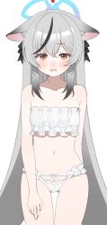Rule 34 | 1girl, absurdres, animal ears, arm behind back, bare shoulders, bikini, black hair, blue archive, blue halo, blush, cowboy shot, daredattakke, grey hair, hair between eyes, halo, hand on own thigh, highres, kokona (blue archive), long hair, looking at viewer, multicolored hair, navel, open mouth, simple background, solo, streaked hair, swimsuit, very long hair, white background, white bikini, yellow eyes