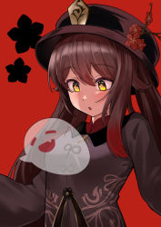 Rule 34 | :o, absurdres, breasts, brown hair, chinese clothes, closed eyes, fang, genshin impact, ghost, hako reeema, highres, hu tao (genshin impact), long sleeves, red background, red eyes, simple background, smile, solo, twintails