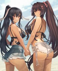 Rule 34 | 2girls, :o, ass, back, bikini, bikini top only, black hair, breasts, brown hair, cherry blossoms, closed mouth, cutoffs, denim, denim shorts, flower, from behind, hair between eyes, hair flower, hair intakes, hair ornament, hair ribbon, hand up, high ponytail, highres, kantai collection, kasumi (skchkko), large breasts, looking at viewer, looking back, multiple girls, parted lips, ponytail, red eyes, ribbon, short shorts, shorts, side-tie shorts, swimsuit, thighs, wet, white shorts, yahagi (kancolle), yamato (kancolle)