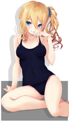 Rule 34 | 1girl, armpits, arms up, bare arms, bare legs, blonde hair, blue eyes, blue scrunchie, breasts, cleavage, collarbone, competition school swimsuit, covered navel, hair between eyes, hair ornament, hair scrunchie, hayasaka ai, iwashi dorobou -r-, kaguya-sama wa kokurasetai ~tensai-tachi no renai zunousen~, licking lips, looking at viewer, medium breasts, navel, one-piece swimsuit, open mouth, ribs, school swimsuit, scrunchie, shadow, side ponytail, sidelocks, simple background, sitting, slit pupils, solo, swimsuit, tongue, tongue out