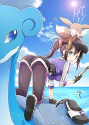 Rule 34 | 10s, 1girl, all fours, alternate color, aqua eyes, arm support, ass, backpack, bag, baseball cap, belt, black leggings, blue sky, blush, breasts, brown hair, cellphone, choker, cloud, creatures (company), cropped jacket, day, dratini, eevee, female protagonist (pokemon go), fingerless gloves, from behind, game freak, gen 1 pokemon, gloves, hanging breasts, hat, highres, holding, holding phone, horizon, jacket, lapras, leggings, long hair, looking at viewer, looking back, nintendo, ocean, on head, open mouth, outdoors, phone, pokemon, pokemon (creature), pokemon go, ponytail, riding, riding pokemon, shiny clothes, shoes, shorts, sky, smartphone, sneakers, spandex, sun, twitter username, unworn backpack, unworn bag, water, yuuzuka kei