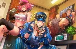 Rule 34 | 1boy, 2girls, abigail (final fight), alarm clock, armband, baseball cap, black collar, black thighhighs, blonde hair, blue eyes, blue jacket, blue shorts, blue thighhighs, breasts, capcom, cleavage, clock, coffee mug, collar, commentary request, covered erect nipples, crop top, cropped jacket, crying, crying with eyes open, cup, cup ramen, cutoffs, eating, elbow gloves, fingerless gloves, fork, gloves, hat, highres, holding, holding fork, instant ramen, jacket, kujou non, lucia morgan, luke sullivan, medium breasts, mohawk, mug, multiple girls, muscular, muscular male, no bra, peaked cap, pink hair, poison (final fight), police, police uniform, policewoman, poster (object), short hair, shorts, single elbow glove, single strap, single thighhigh, sitting, spiked hair, squatting, street fighter, street fighter 6, street fighter v, striped clothes, striped thighhighs, tearing up, tears, thighhighs, torn clothes, uniform, updo, vertical-striped clothes, vertical-striped thighhighs