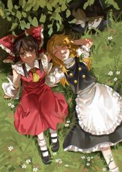 Rule 34 | 2girls, aihara-rina, apron, ascot, black headwear, black skirt, black vest, blonde hair, blush, bow, braid, brown hair, buttons, closed eyes, closed mouth, commentary request, detached sleeves, double-breasted, frilled apron, frilled bow, frilled hair tubes, frills, grin, hair bow, hair tubes, hakurei reimu, hat, highres, kirisame marisa, long hair, long sleeves, looking at viewer, lying, mary janes, multiple girls, no headwear, on back, open mouth, outdoors, red bow, red skirt, red vest, shirt, shoes, single braid, skirt, smile, socks, touhou, tree, vest, waist apron, white apron, white legwear, white shirt, witch hat, yellow ascot
