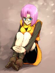 Rule 34 | 1girl, akitaka (s asai), bike shorts, blue eyes, breasts, chrono trigger, closed mouth, full body, glasses, looking at viewer, lucca ashtear, medium breasts, purple hair, scarf, short hair, smile, solo