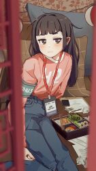 Rule 34 | 1girl, :|, arm behind back, armband, arms at sides, artist name, averting eyes, black hair, blue pants, blunt bangs, blurry, blurry foreground, blush, brown eyes, casual, cellphone, check translation, chopsticks, closed mouth, commentary, cyrillic, denim, food, from outside, hair strand, highres, hime cut, indoors, ira (servachok), jeans, lanyard, leaning to the side, long hair, long sleeves, looking to the side, messy hair, name tag, original, pants, paper, partially translated, phone, pillow, pink shirt, russian commentary, russian text, safety pin, servachok, shirt, sidelocks, sitting, smartphone, solo, sushi, sweatdrop, translation request, wallpaper (object), weighing scale, window, yokozuwari