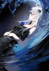 Rule 34 | 1girl, absurdres, afloat, alternate costume, animal ears, arknights, black dress, blue flower, blue rose, breasts, closed eyes, dress, flower, from side, hands on own stomach, highres, lappland (arknights), light particles, long hair, medium breasts, meng ziya, own hands together, parted lips, rose, scar, scar across eye, scar on face, sleeveless, sleeveless dress, solo, water, waves, white hair, wolf ears