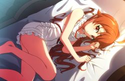 Rule 34 | 1girl, ahoge, bare shoulders, barefoot, bed sheet, blush, breasts, closed mouth, collarbone, dress, eris greyrat, female focus, godyuurei, highres, indoors, legs, long hair, looking at viewer, lying, messy hair, morning, mushoku tensei, on bed, on side, red eyes, red hair, short dress, small breasts, solo, thighs, very long hair, white dress