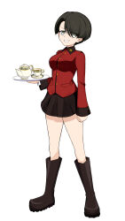 Rule 34 | 1girl, absurdres, black footwear, black skirt, boots, brown hair, commentary, cup, earrings, full body, girls und panzer, green eyes, grin, hair over one eye, highres, holding, holding tray, jacket, jewelry, knee boots, long sleeves, looking at viewer, military uniform, miniskirt, pleated skirt, red jacket, saucer, shibainutank, short hair, simple background, skirt, smile, solo, st. gloriana&#039;s military uniform, standing, stud earrings, teacup, teapot, tray, uniform, vanilla (girls und panzer), white background