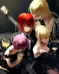 Rule 34 | 4girls, artoria pendragon (all), artoria pendragon (fate), bare shoulders, black dress, blonde hair, bow, breasts, cleavage, cup, dress, drinking glass, fate/grand order, fate (series), formal, fujimaru ritsuka (female), fujimaru ritsuka (female) (royal brand), hair bow, harem, highres, holding, holding cup, jeanne d&#039;arc (fate), jeanne d&#039;arc (ruler) (fate), jeanne d&#039;arc alter (avenger) (fate), jeanne d&#039;arc alter (fate), long hair, mash kyrielight, multiple girls, necktie, one eye closed, orange hair, pant suit, pants, purple hair, saber (fate), saber alter, side ponytail, suit, white2013, wine glass, yellow eyes, yuri