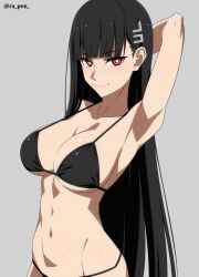 Rule 34 | 1girl, arm behind head, arm up, armpits, artist name, bikini, black bikini, black hair, blue archive, blunt bangs, breasts, bright pupils, closed mouth, cow, grey background, highres, large breasts, long hair, looking at viewer, navel, ra-pen, red eyes, rio (blue archive), simple background, smile, stomach, swimsuit, twitter username, very long hair
