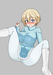 Rule 34 | 1girl, blonde hair, blue eyes, blue sweater, blush, brave witches, breasts, grey background, highres, large breasts, looking at viewer, nikka edvardine katajainen, open mouth, pantyhose, short hair, simple background, solo, sweater, t-8000, white pantyhose, world witches series