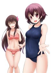 Rule 34 | 2girls, bikini, blue one-piece swimsuit, breasts, brown hair, collarbone, covered navel, cowboy shot, closed eyes, feet out of frame, frilled bikini, frilled bikini, frills, fuuma nagi, groin, hair between eyes, hair ornament, kantai collection, kisaragi (kancolle), long hair, looking at viewer, medium breasts, multicolored hair, multiple girls, mutsuki (kancolle), navel, one-piece swimsuit, open mouth, orange bikini, red eyes, school swimsuit, short hair, simple background, standing, swimsuit, thigh gap, white background