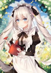 Rule 34 | 1girl, apron, artist name, blue eyes, blurry, blush, bug, butterfly, closed mouth, day, depth of field, fate/grand order, fate (series), frilled apron, frills, garden, grey hair, holding, insect, juliet sleeves, long hair, long sleeves, maid, maid headdress, marie antoinette (animejapan 2016) (fate), marie antoinette (fate), necomi, official alternate costume, outdoors, petals, puffy sleeves, signature, smile, solo, twintails, upper body, very long hair, watering can
