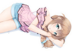 Rule 34 | 1girl, arm up, baba konomi, bare shoulders, blue eyes, blue scrunchie, blue shorts, blush, braid, brown hair, commentary request, hair between eyes, hair ornament, hair scrunchie, hand up, idolmaster, idolmaster million live!, long hair, looking at viewer, lying, miri (ago550421), off-shoulder shirt, off shoulder, on side, parted lips, pink shirt, scrunchie, shadow, shirt, short shorts, shorts, single braid, solo, white background