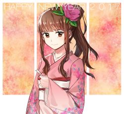 Rule 34 | 10s, 1girl, 2017, breasts, brown eyes, brown hair, fate/extra, fate (series), floral print, flower, happy new year, kimono, kishinami hakuno (female), long hair, ponytail, smile