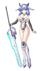 Rule 34 | 1girl, absurdres, armor, armored boots, armored leotard, artery gear, artery gear: fusion, bare shoulders, black gloves, blue eyes, blue hair, bodysuit removed, boots, breastplate, breasts, center opening, clothing cutout, cowboy shot, elbow gloves, full body, gloves, groin, hair between eyes, hair ornament, highres, holding, holding sword, holding weapon, large breasts, leotard, mecha musume, mechanical ears, navel, nio silen, over-kneehighs, revealing clothes, short hair, sideboob, simple background, smile, solo, standing, stomach cutout, sword, thighhighs, thighs, weapon, white background, wings, yakkey