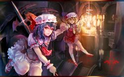 Rule 34 | 2girls, ascot, bad id, bad pixiv id, bat wings, blonde hair, blue hair, brooch, dress, flandre scarlet, flying, holding hands, hat, hat ribbon, interlocked fingers, jewelry, lamp, letterboxed, looking at viewer, md5 mismatch, mob cap, multiple girls, night, pulling, ramudayajirushi, red dress, red eyes, red footwear, remilia scarlet, ribbon, sash, scarlet devil mansion, shirt, shoes, short sleeves, siblings, side ponytail, sisters, smile, spear the gungnir, stairs, touhou, v, white dress, wings, wrist cuffs