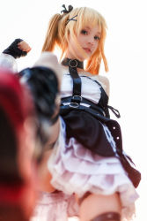 Rule 34 | 1girl, belt, blonde hair, blue eyes, boots, clothes, cosplay, dead or alive, dress, female focus, flat chest, full body, gothic lolita, highres, lace, lolita fashion, long hair, marie rose, non-asian, photo (medium), rocksylight, russian, russian (nationality), shoes, smile, solo, standing, tagme, twintails