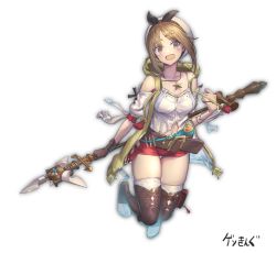 Rule 34 | 1girl, :d, absurdres, atelier (series), atelier ryza, atelier ryza 1, bare shoulders, belt, blue belt, boots, bracelet, bridal legwear, brown belt, brown eyes, brown gloves, commentary request, flask, gesoking, gloves, highres, holding, holding staff, jacket, jewelry, jumping, leather, leather belt, leather gloves, necklace, open mouth, pouch, red shorts, reisalin stout, round-bottom flask, short shorts, shorts, single glove, sleeveless, sleeveless jacket, smile, solo, staff, star (symbol), star necklace, thick thighs, thigh pouch, thighs, toeless footwear, vial, white headwear, yellow jacket