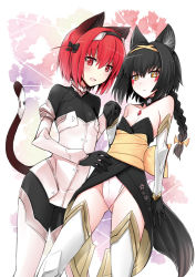 Rule 34 | 2girls, animal ears, bare shoulders, black hair, blush, bodysuit, bow, braid, breasts, cat ears, cat tail, cleavage, elbow gloves, facial mark, fox ears, fox tail, fundoshi, gloves, hair bow, hairband, holding hands, japanese clothes, kamoto tatsuya, long hair, looking at viewer, multiple girls, obi, original, red eyes, red hair, sash, short hair, single braid, small breasts, tail, thighhighs, yellow eyes