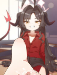 Rule 34 | 1girl, ahoge, barefoot, black hair, black shorts, blue archive, blurry, blurry background, demon girl, demon horns, desk, feet, foot focus, grin, halo, highres, horns, indoors, kasumi (blue archive), leg up, long hair, looking at viewer, mountain han, on desk, red shirt, saliva, school desk, shirt, shorts, sitting, smile, solo, toes, yellow eyes