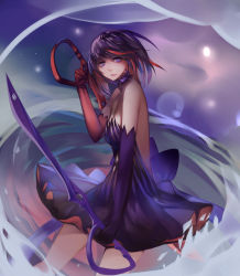 Rule 34 | 10s, 1girl, absurdres, arm up, black hair, blue eyes, boots, breasts, dress, dual wielding, highres, holding, kill la kill, matoi ryuuko, multicolored hair, short hair, sky, solo, suspenders, sword, thigh boots, thighhighs, two-tone hair, upper body, weapon