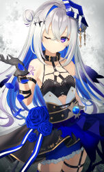 Rule 34 | 1girl, absurdres, amane kanata, amane kanata (another world), arm belt, arm tattoo, black gloves, blue flower, blue hair, blue rose, blue skirt, breasts, commentary request, double bun, earrings, flower, gloves, hair between eyes, hair bun, hair ornament, highres, hololive, jewelry, looking at viewer, multicolored hair, one eye closed, purple eyes, rose, shikinagi, sidelocks, skirt, small breasts, solo, tattoo, two-tone hair, virtual youtuber, white hair