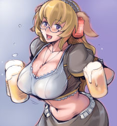 Rule 34 | 1girl, alcohol, animal ears, barmaid, beer, beer mug, blonde hair, blush, breasts, cleavage, collarbone, cup, daiginjou, dirndl, dog ears, futaba channel, german clothes, glasses, headdress, jewelry, lantern, large breasts, midriff, mug, navel, oktoberfest, open mouth, pendant, purple eyes, solo, traditional clothes, tsuda nanafushi, underbust, wet, wet clothes